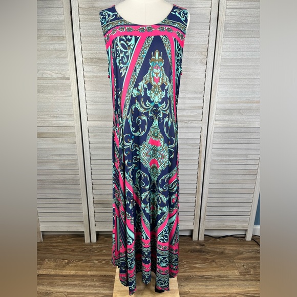 ICE SILK Scarf Print Sleeveless Maxi Dress Pink/Blue Multi-1X - Picture 1 of 3